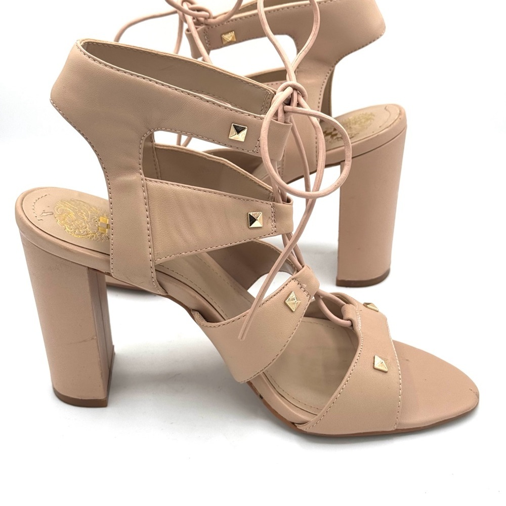 VINCE CAMUTO Meadoe Bare Kiss Nude Strappy Lace Up Heels Gold Studs Size 7.5 - Picture 7 of 9